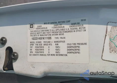 2001 Chevrolet S-10 Ls z USA, uszkodzony, nr VIN 1GCCS14581K111095